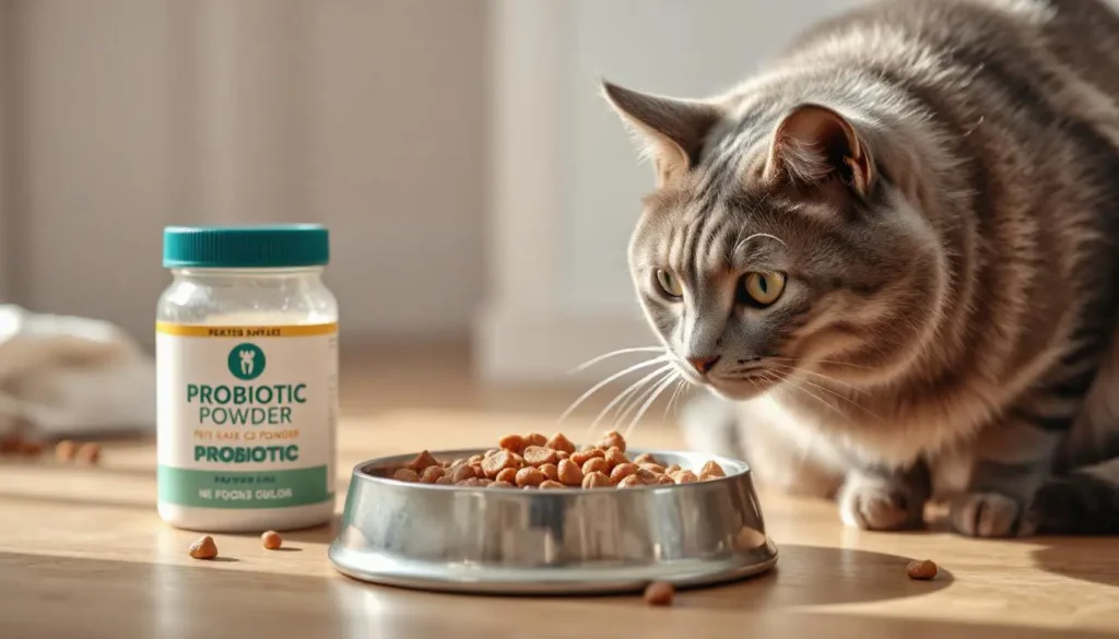 A jar of probiotic powder next to a bowl of wet cat food sprinkled with probiotics.