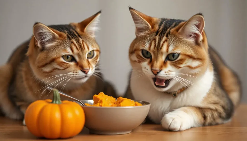 Natural hairball remedy for cats: A bowl of pumpkin puree next to a cat enjoying its meal, showcasing the benefits of fiber for hairball prevention.