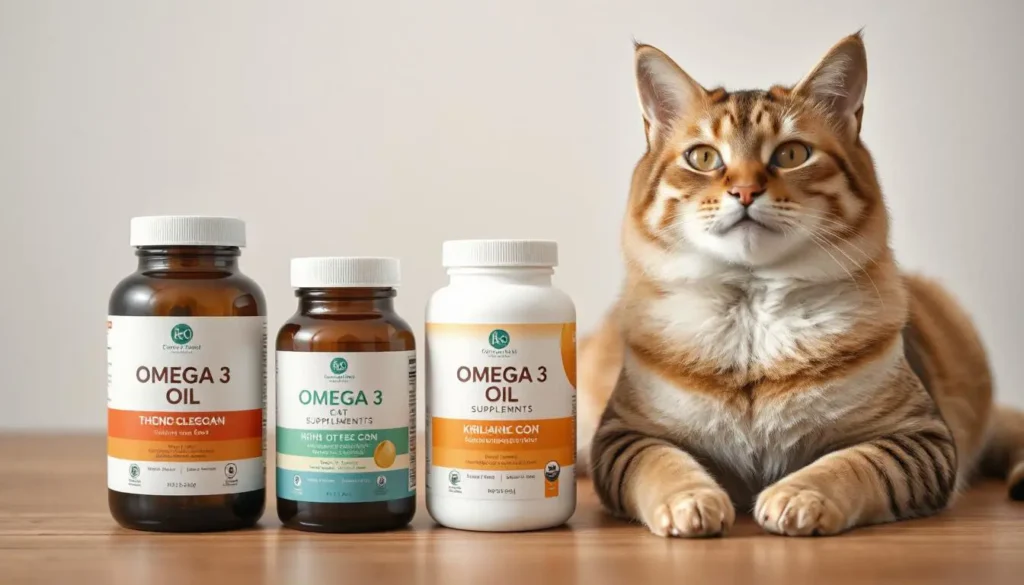 Various Omega 3 supplements for cats: fish oil, krill oil, and algae-based supplements.