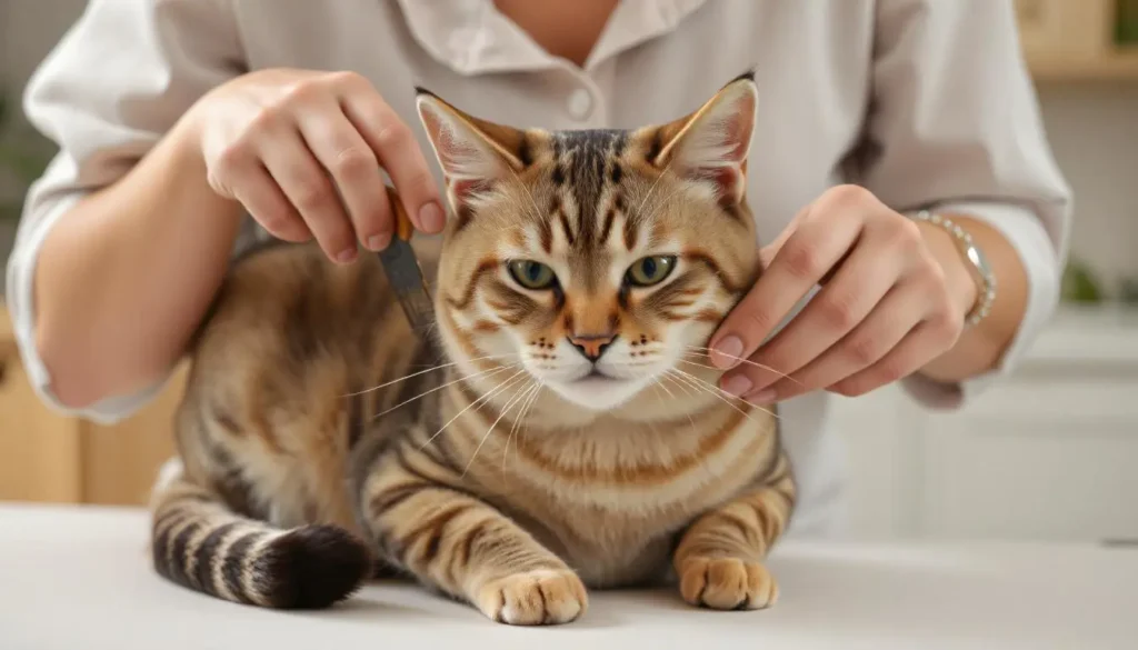 A well-groomed Japanese Bobtail cat being brushed and having its nails trimmed by its owner.