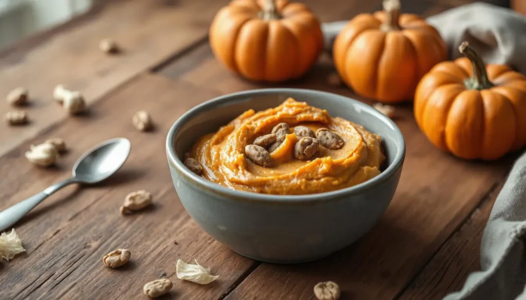 Bowl of cat food mixed with pureed pumpkin on a rustic table with fresh pumpkins and catnip.