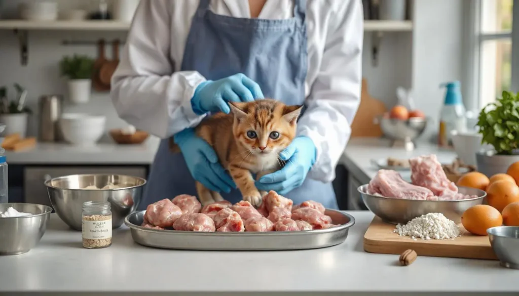 Sanitized kitchen with fresh ingredients, preparing raw kitten food safely.