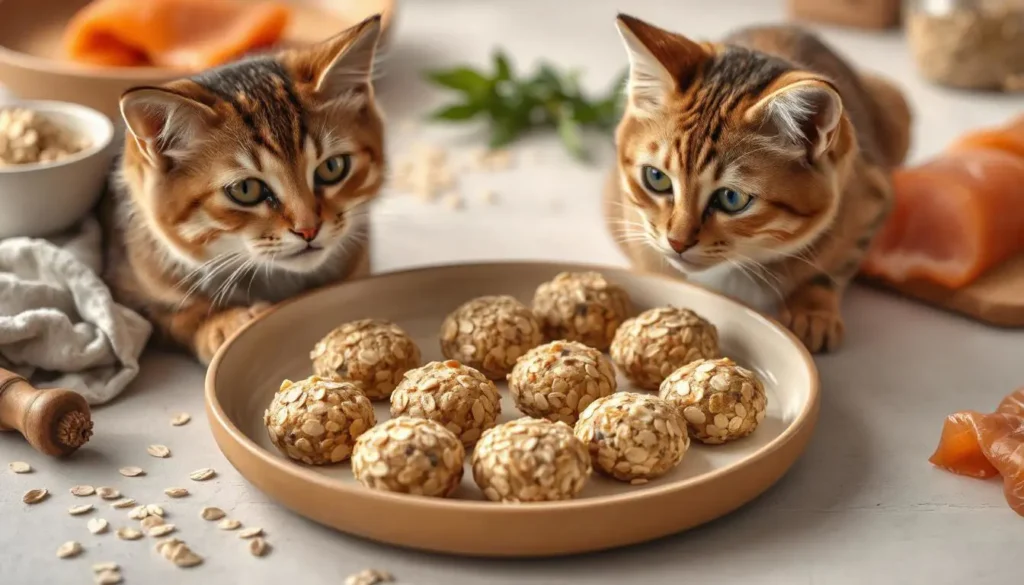 Small salmon and oat bites on a ceramic plate, surrounded by raw ingredients like oats and salmon, with a cat sitting nearby.