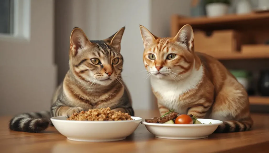 A content adult cat next to a bowl of balanced homemade food, featuring lean meat, rice, and vegetables.