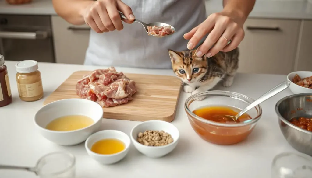 Preparing raw kitten food with chicken, liver, fish oil, and other supplements.