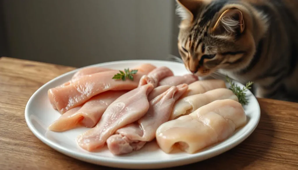 Fresh raw chicken and rabbit meat arranged neatly on a plate, ideal raw meat for cats, with the ratio 70%-30% labeled.