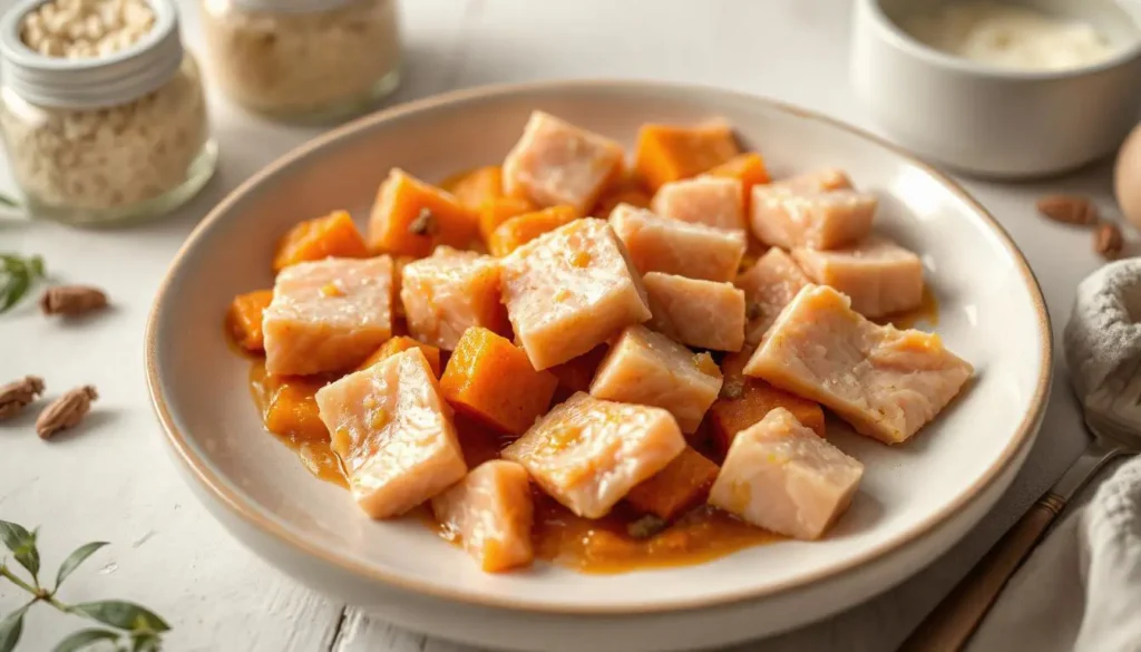 A bowl of flaked wild salmon and pumpkin puree, with small jars of ground eggshells and fish oil in the background.