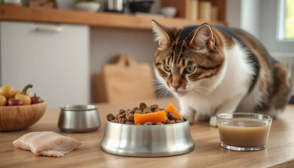 A cat eating from a bowl of high-quality food surrounded by natural ingredients like chicken, salmon, pumpkin, and bone broth.