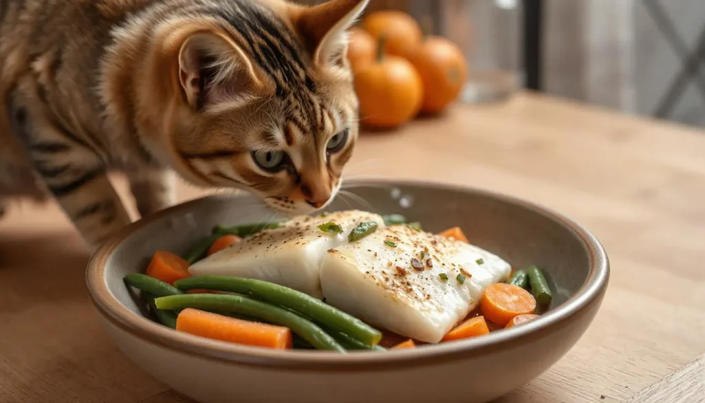 Top 6 Vet-Approved Homemade Wet Cat Food Recipes for Digestion 5 A bowl of cooked white fish, carrots, and green beans.