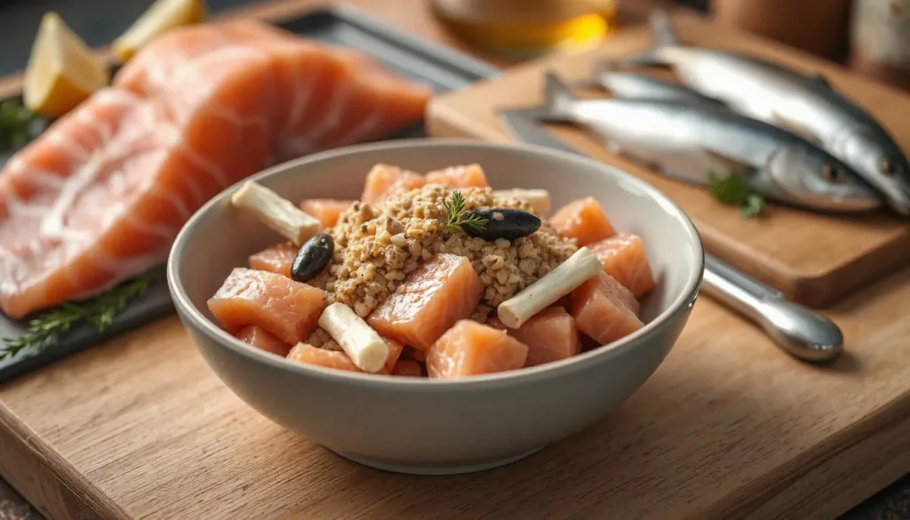 A bowl of raw cat food featuring salmon, sardines, and fish oil.