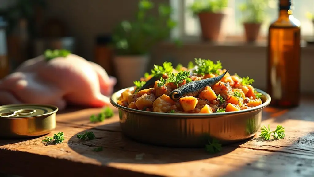 Homemade cat food with chicken and sardines in a bowl on a counter.