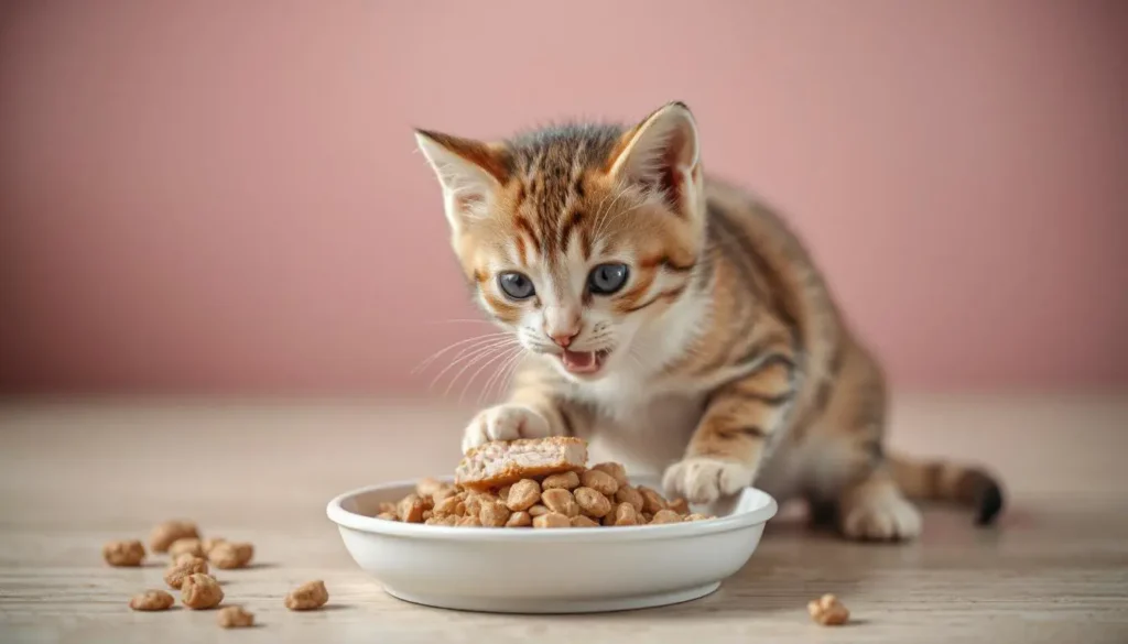 A playful kitten eating a finely ground raw chicken meal, tailored for its nutritional needs.