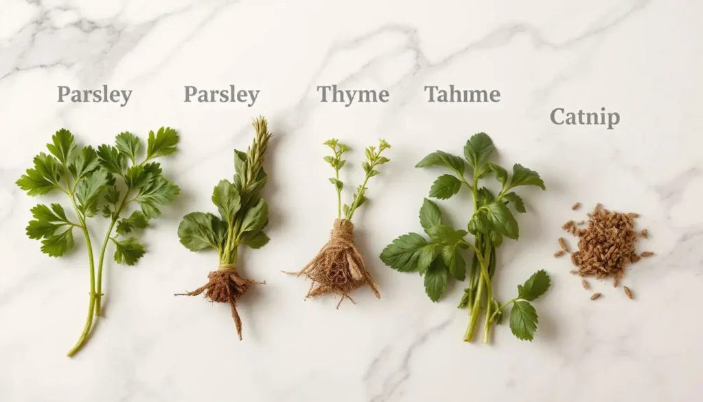 A collection of fresh herbs such as parsley, thyme, and catnip, labeled with their health benefits.