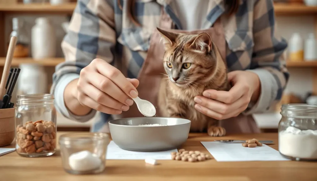 Pet parent measuring taurine powder and calcium supplements for homemade cat food.