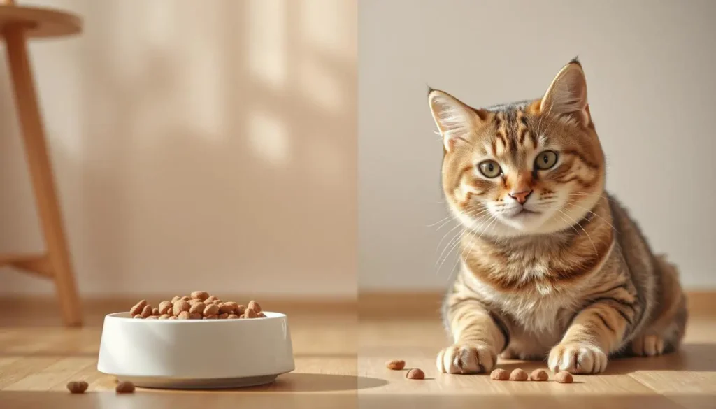 A bowl of grain-free cat food made with natural proteins and vegetables, alongside a crossed-out bowl of grain-filled kibble.