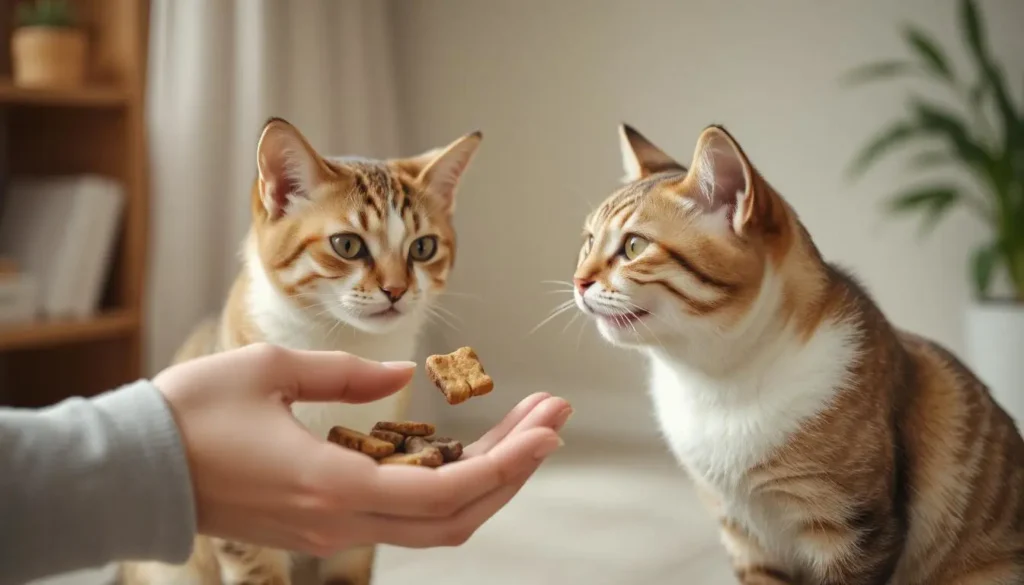 A cat owner offering a freeze dried treat during training, with the cat engaged and excited.