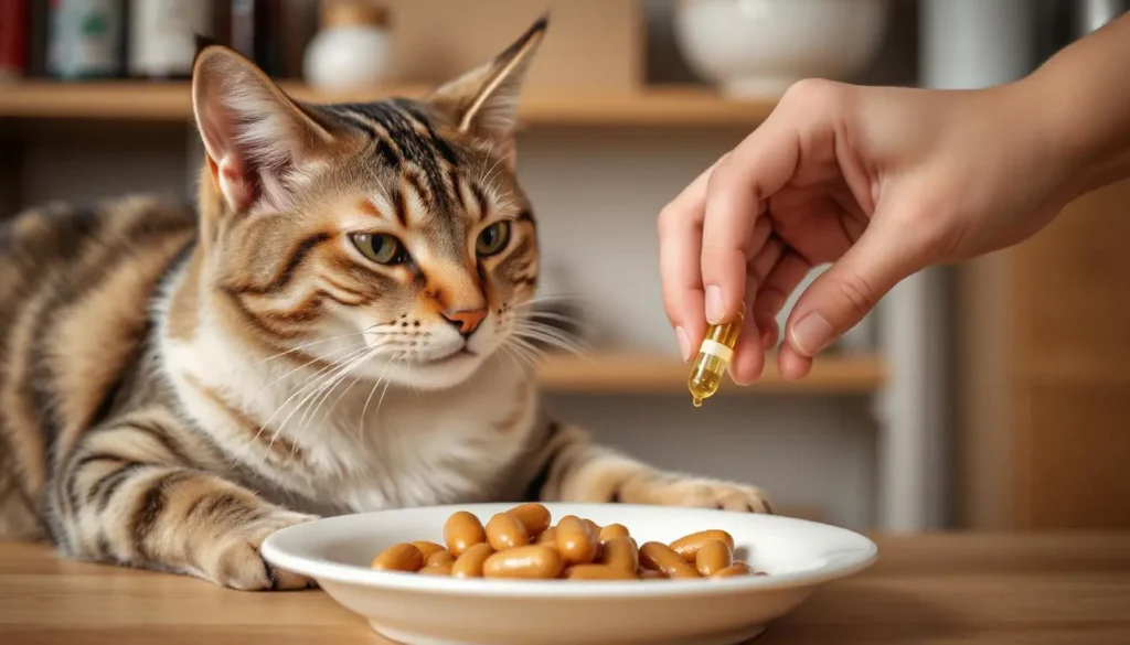 A cat being given Omega 3 supplements, either liquid or capsule form, for better health.