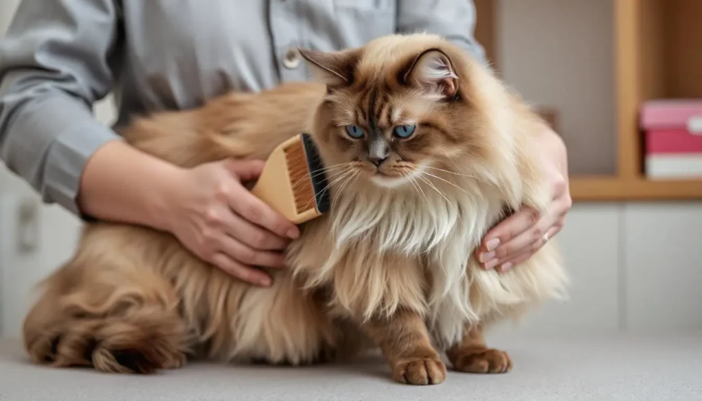 A Balinese cat being brushed gently, highlighting its easy grooming needs.