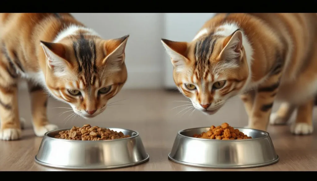  Two cat food bowls showing a mix of traditional and homemade food, with a curious cat sniffing.