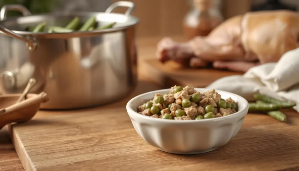 Turkey formula cat food mixed with minced green beans in a ceramic bowl, with a pot of green beans and turkey leg in the background.