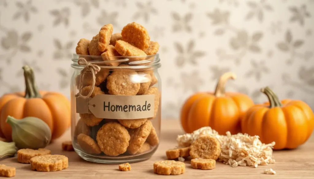 Golden turkey and pumpkin snacks in a jar labeled "Homemade," with pumpkin slices and shredded turkey nearby.