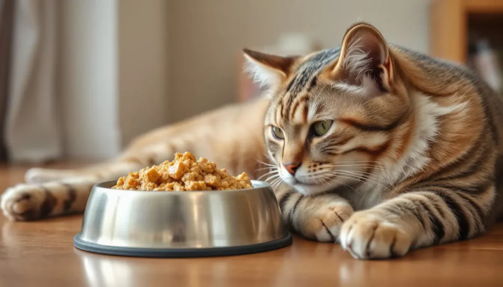 A senior cat resting next to a bowl of soft homemade food with chicken, quinoa, and pumpkin.