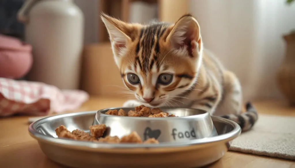 Kitten eating raw food mixed with regular food, showing a gradual transition.