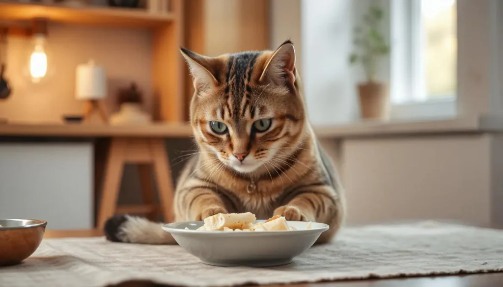 A cat enjoying a mixed meal of chicken and fish in a cozy home.