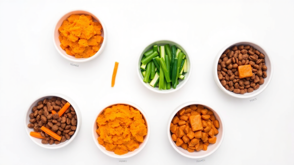 Five creative cat food bowls featuring recipes made with Natural Balance Limited Ingredient Cat Food and ingredients like pumpkin, sweet potatoes, and carrots.