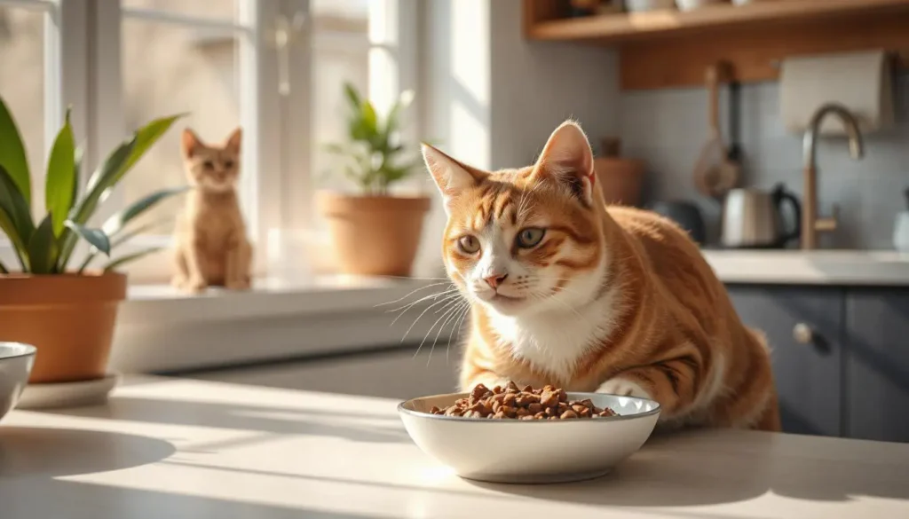 A vibrant and healthy cat enjoying the best canned cat food in a modern kitchen, with a bowl of fresh wet food on the counter.