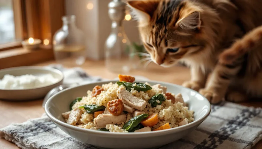 A homemade cat food dish featuring shredded turkey, quinoa, and spinach, served in a cozy winter setting.