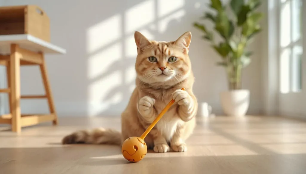 A happy, energetic cat playing with a toy, showing the positive effects of proper digestion