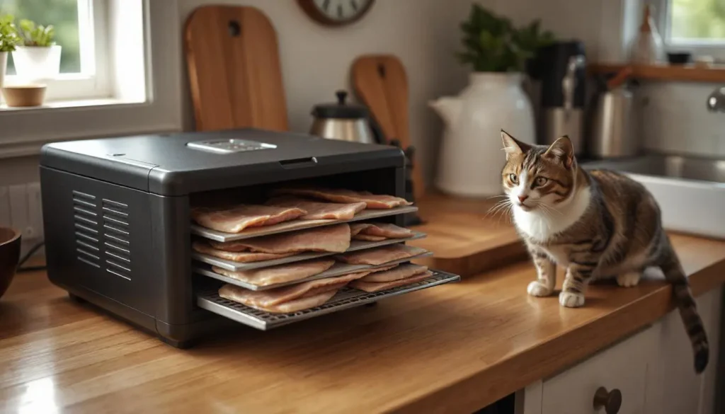 Thin slices of chicken and liver in a food dehydrator, with a curious cat watching the process.