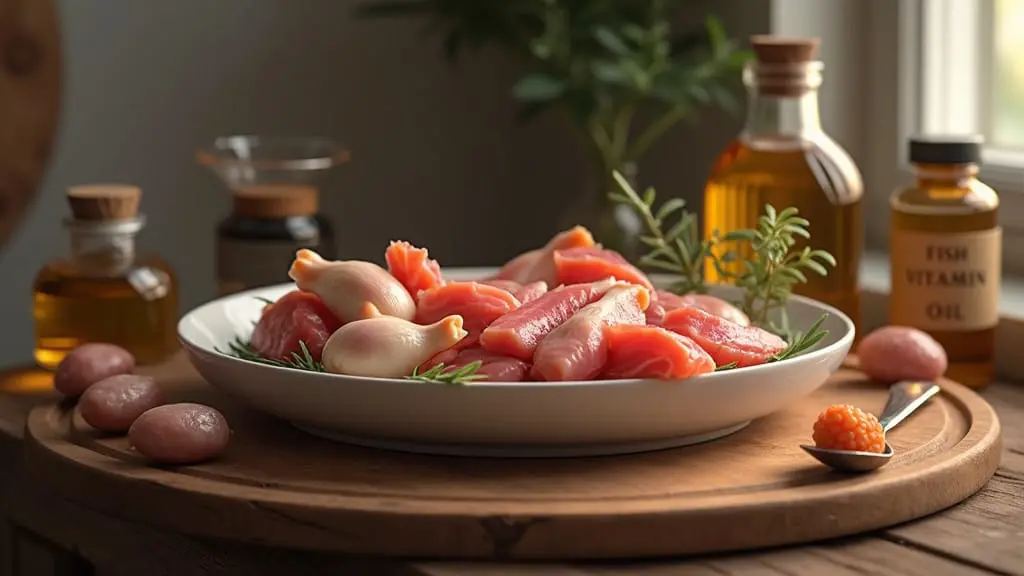 A bowl of rabbit and quail cat food with raw ingredients nearby