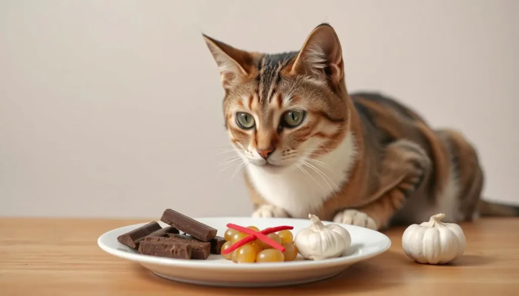 A plate with chocolate, grapes, and garlic marked with a red "X" to show they are toxic for cats.