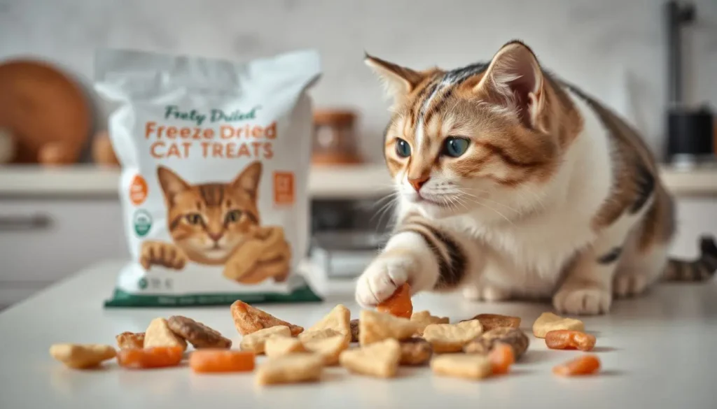 Freeze-dried chicken and fish treats spilled onto a countertop, with a curious cat reaching out.