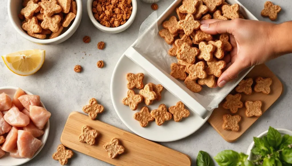 Homemade freeze dried cat treats being prepared in a kitchen with fresh ingredients like chicken and fish.