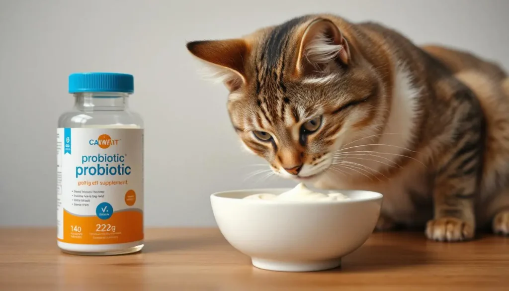 Probiotic supplements next to a cat sniffing a bowl of plain yogurt, promoting gut health.