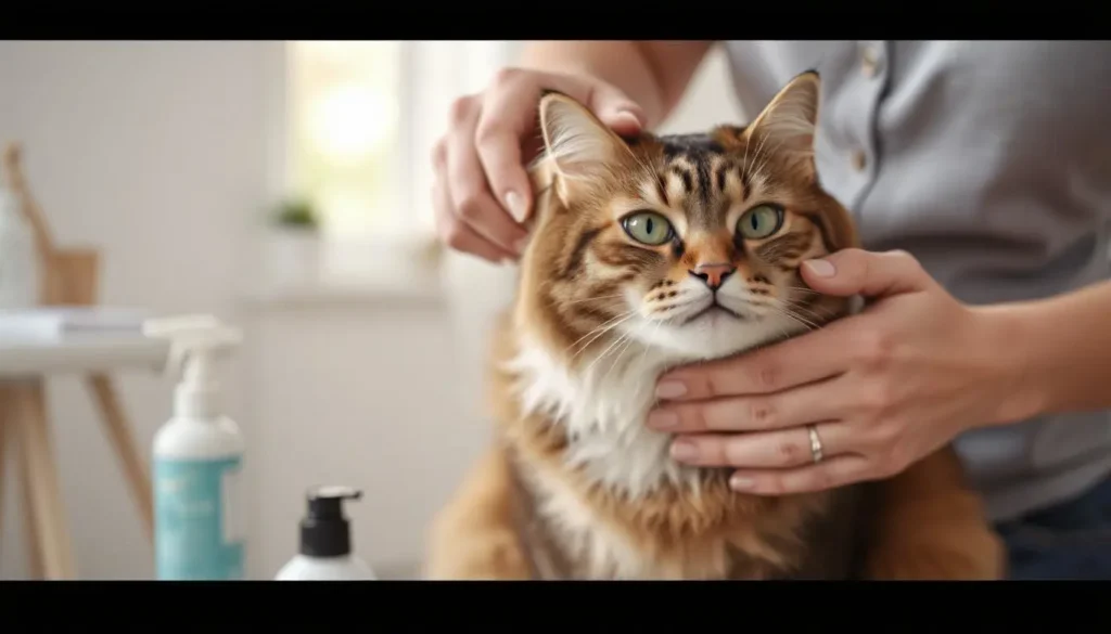 Cat being brushed by owner in a bright room, showcasing the benefits of grooming along with Omega 3 supplementation.