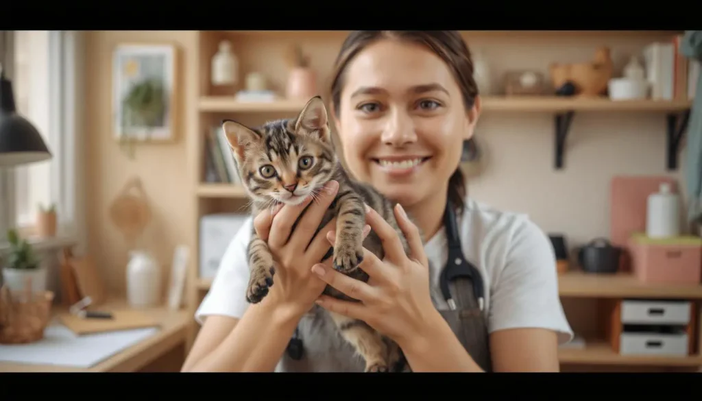 A healthy Balinese kitten held by a breeder in a clean and professional setting.
