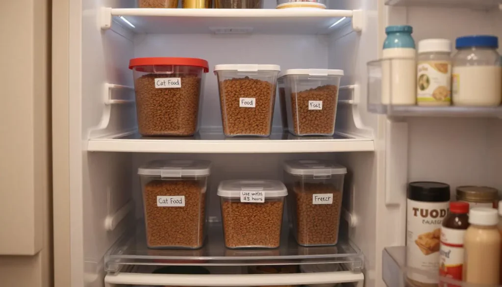 A fridge and pantry with neatly labeled containers of homemade cat food.