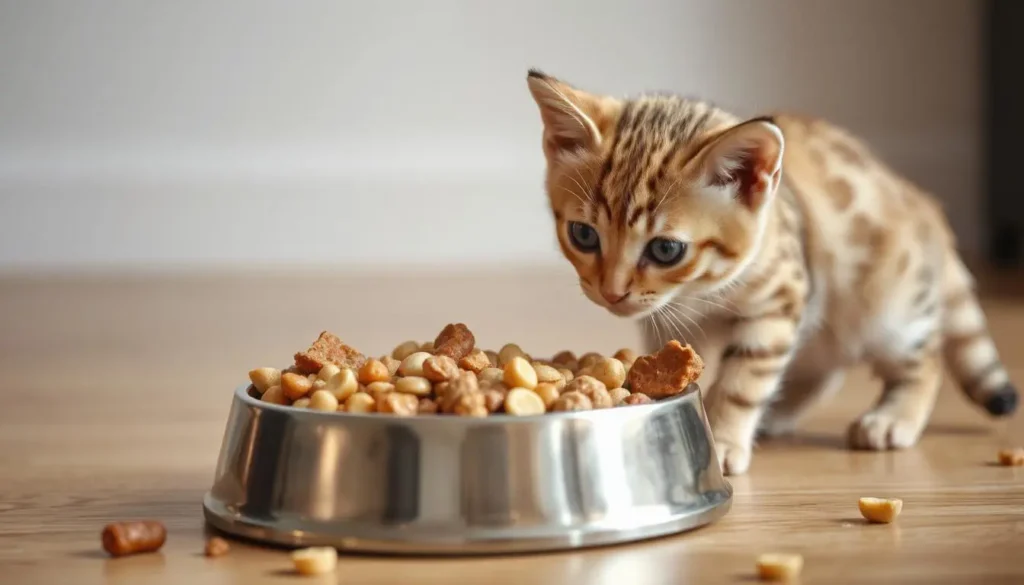 Kitten’s food bowl with a mix of raw and commercial food to ease transition.