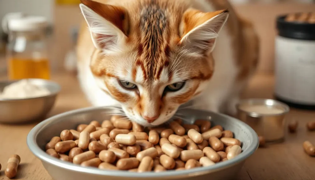 A close-up of homemade cat food being prepared with added supplements like taurine and omega-3.