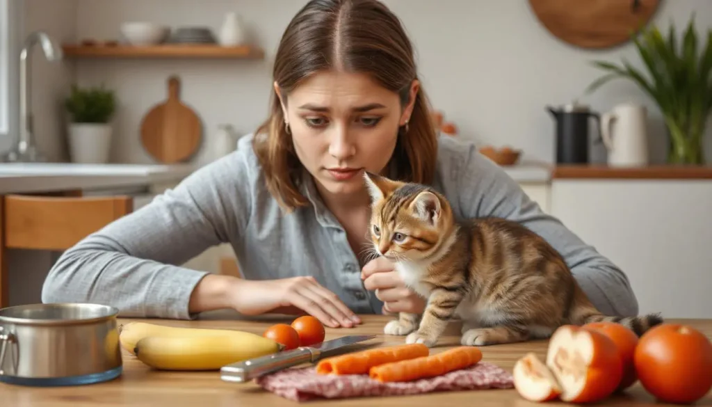 Pet owner concerned about feeding kitten raw food, with raw food ingredients on the table.