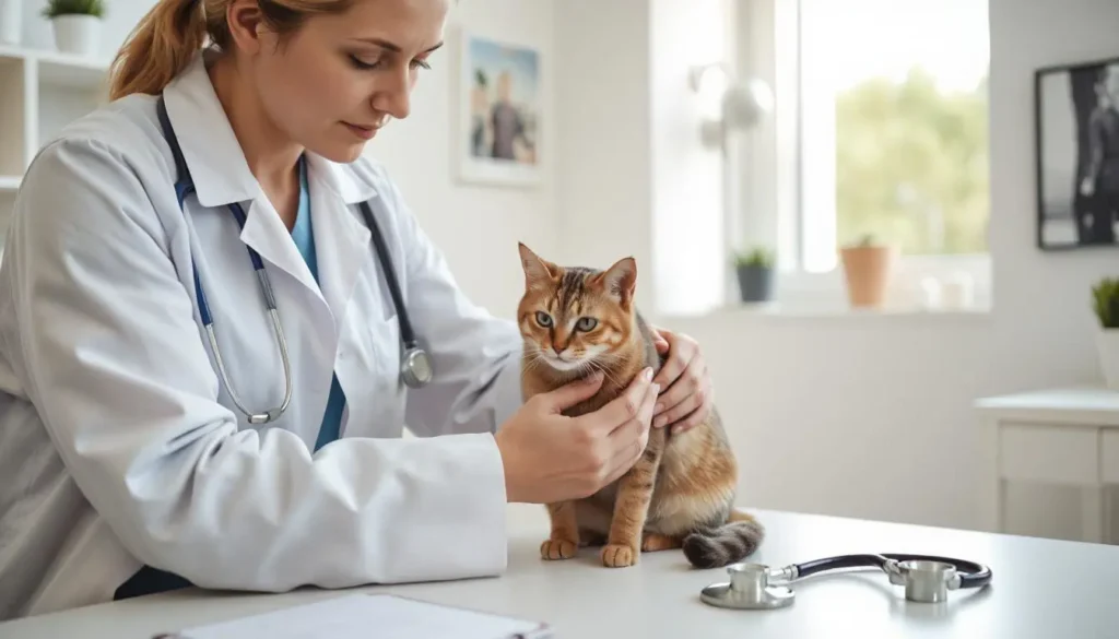 A veterinarian examining a calm cat in a bright, clean clinic with gentle care.