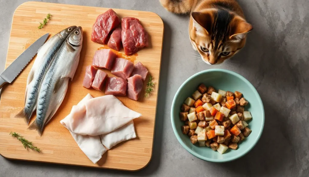 Fresh mackerel fillets and turkey meat displayed next to a mixed bowl of raw cat food.