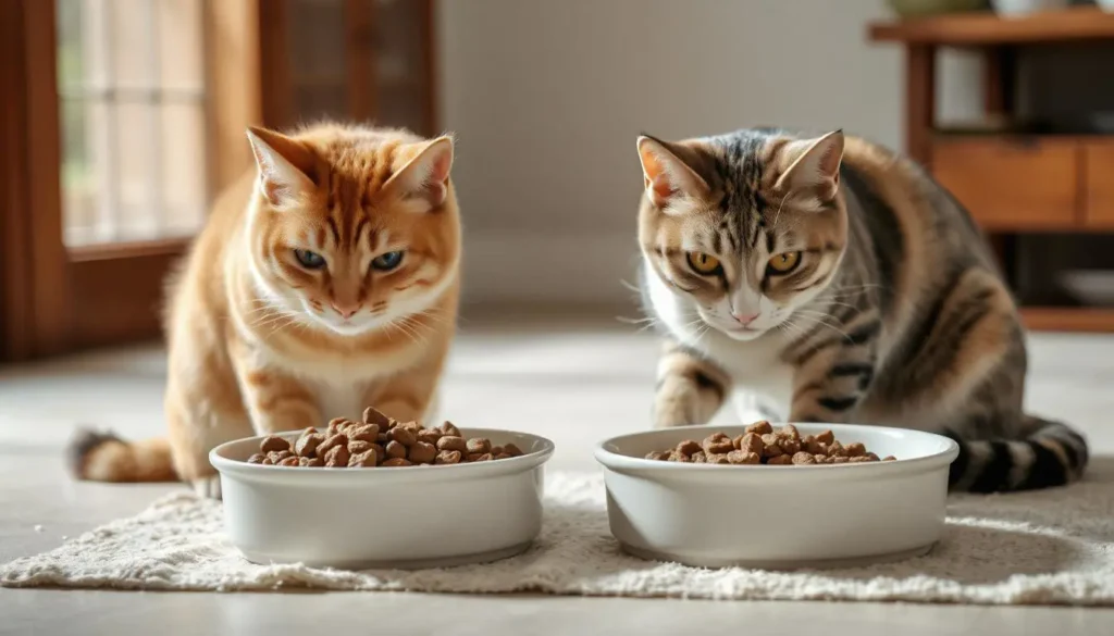 home cooked cat food recipes:Two bowls of cat food, one with added bone broth for hydration and another showing portion control with a measured serving size.