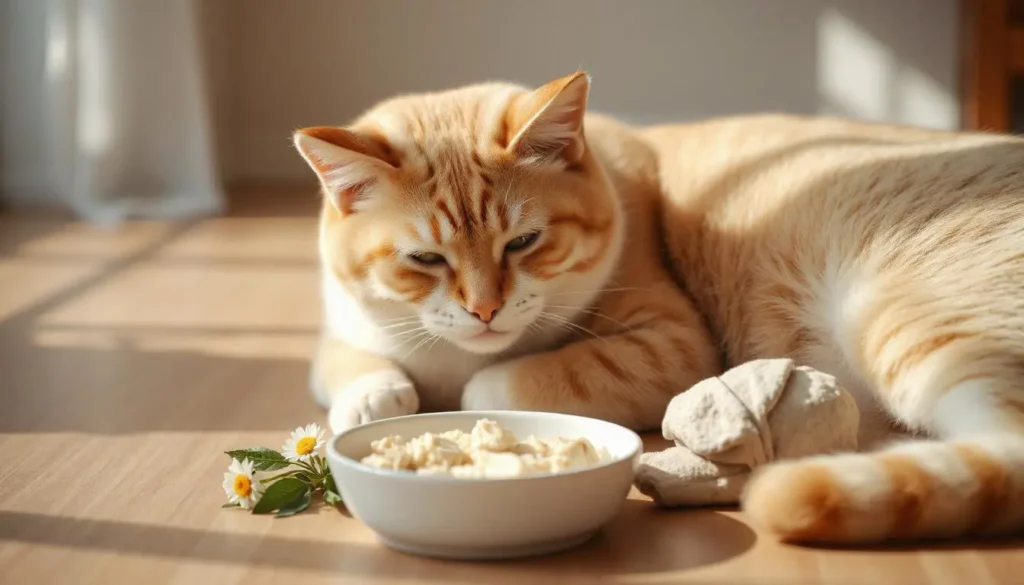 A calm cat resting with a bowl of water and a dish of boiled chicken and rice, with safe herbs like chamomile beside it.