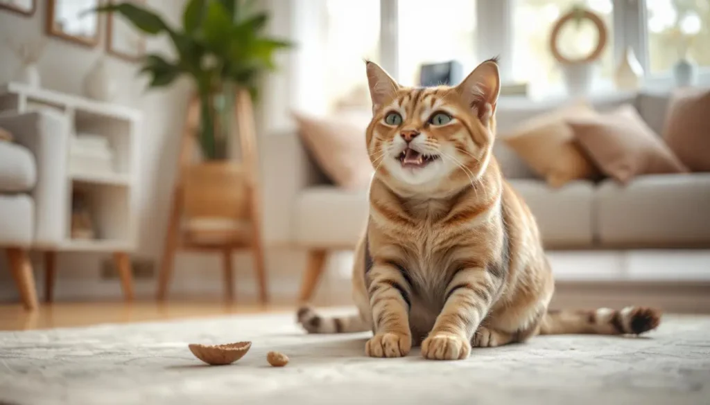 A cheerful cat playing with a toy, with a small treat placed nearby as a reward.