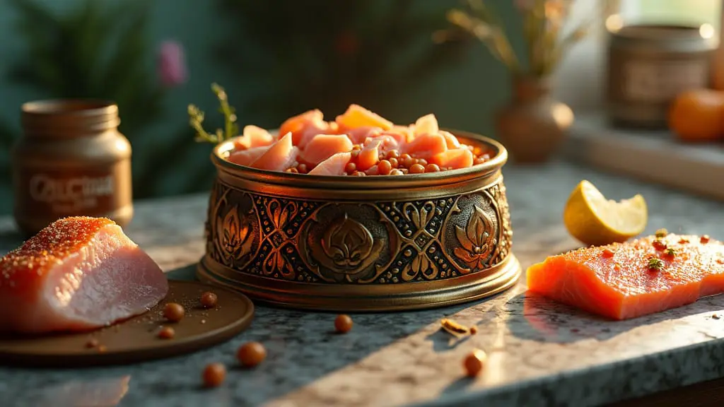 A bowl of turkey and fish cat food with salmon and turkey nearby.